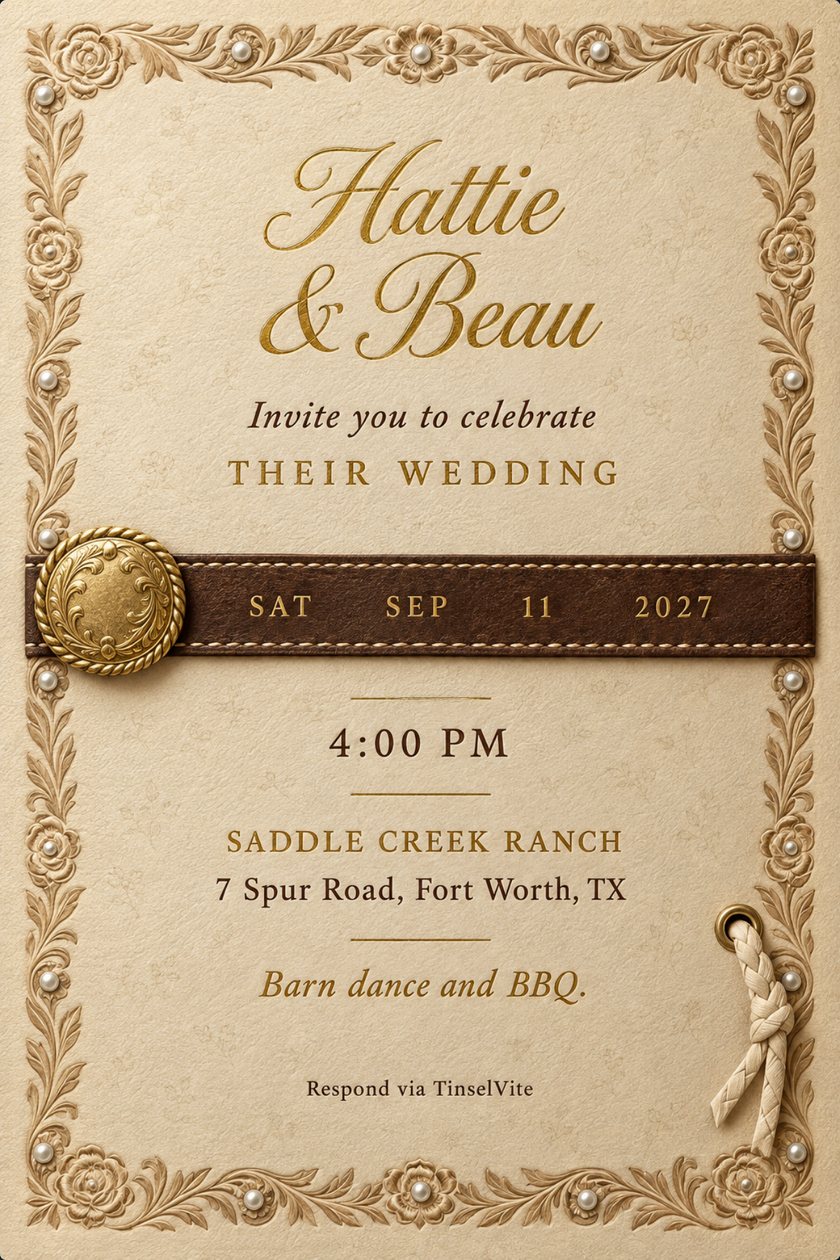 Wedding invitation on cream tooled leather with a carved rose border, a stitched brown strap and gold buckle holding the date, and gold script names at the top.