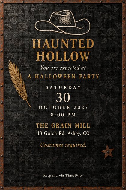 Halloween party invitation on black burlap with a cord-stitched cowgirl hat, a gold foil feather, a rusted tin star and the heading Haunted Hollow, with the date and venue below.