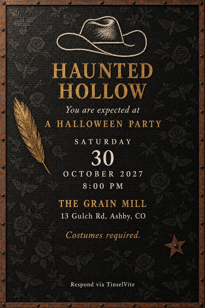 Holiday party invitation: Halloween party invitation on black burlap with a cord-stitched cowgirl hat, a gold foil feather, a rusted tin star and the heading Haunted Hollow, with the date and venue below.