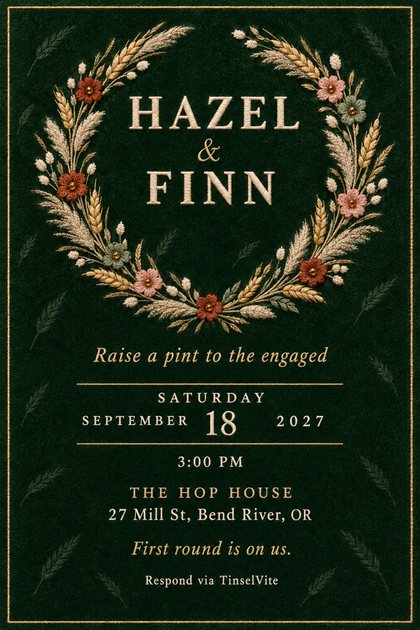 Engagement invitation in green velvet: an embroidered wreath of wheat, pampas and blush and rust flowers circles the large names, with the date and venue below.