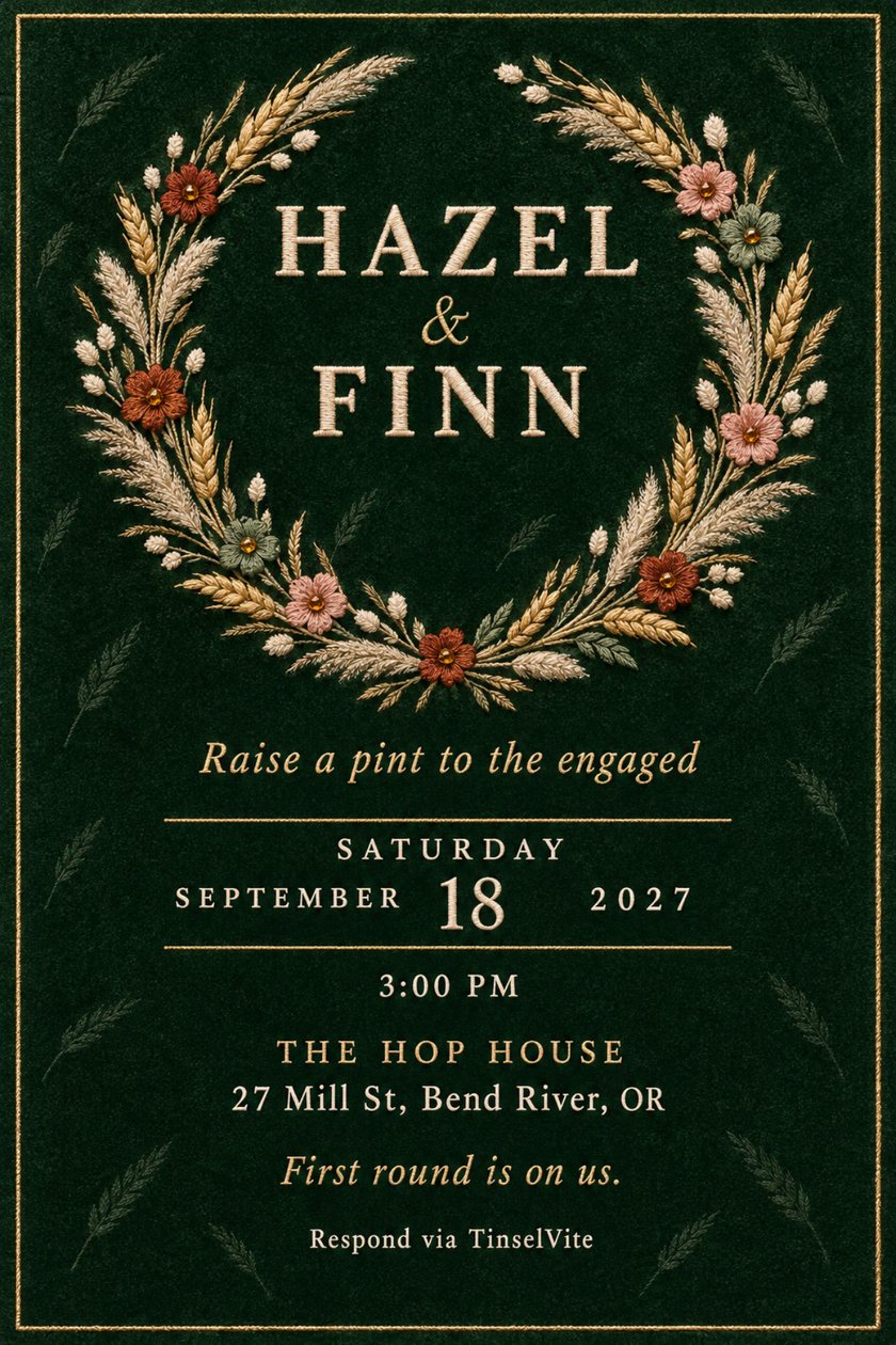 Engagement invitation in green velvet: an embroidered wreath of wheat, pampas and blush and rust flowers circles the large names, with the date and venue below.