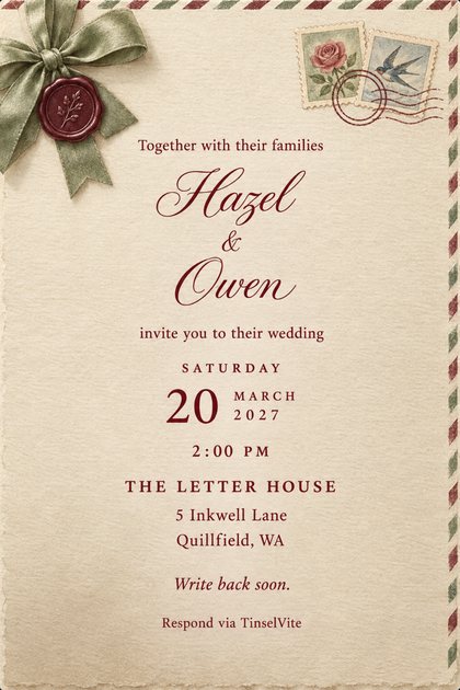 Cream paper invitation with a sage silk bow and burgundy wax seal at top left, rose and swallow stamps at top right, and Hazel & Owen in large burgundy script, with the date and venue below.
