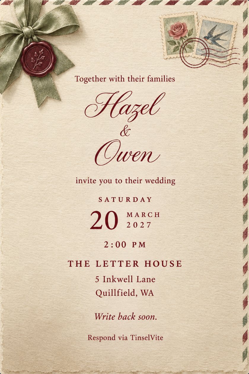 Wedding invitation: Cream paper invitation with a sage silk bow and burgundy wax seal at top left, rose and swallow stamps at top right, and Hazel & Owen in large burgundy script, with the date and venue below.