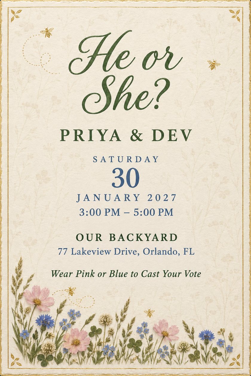 Gender reveal invitation on a cream card with a thin gold border, pressed pink and blue wildflowers and small gold bees along the bottom, and 'He or She?' in large green script, with the date and venue below.