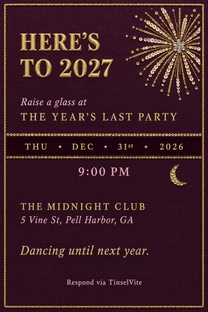 New Year's Eve party invitation on aubergine satin with a gold and blush sequin firework burst top right, large gold Here's to 2027 lettering, a velvet date band, and details below.