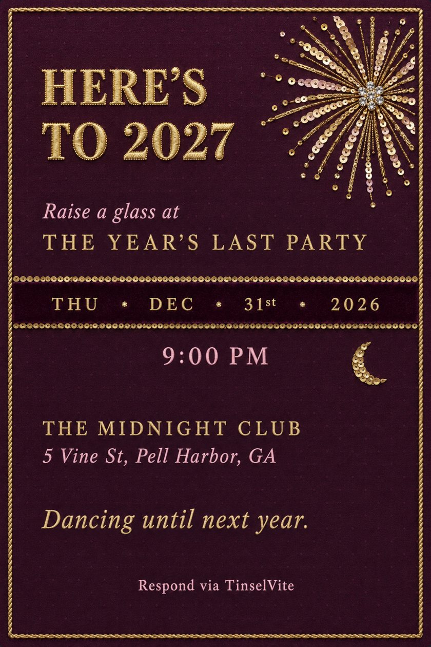 Holiday party invitation: New Year's Eve party invitation on aubergine satin with a gold and blush sequin firework burst top right, large gold Here's to 2027 lettering, a velvet date band, and details below.