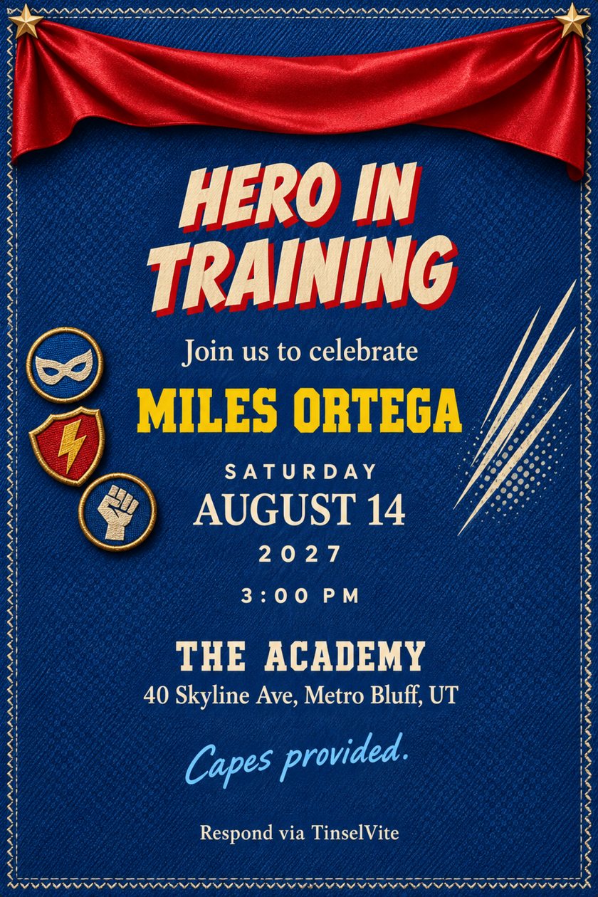 Birthday invitation: Royal blue denim card with a red cape hung from gold star clasps across the top, mask, lightning shield and power fist patches at left, cream comic lettering HERO IN TRAINING, date and venue below.