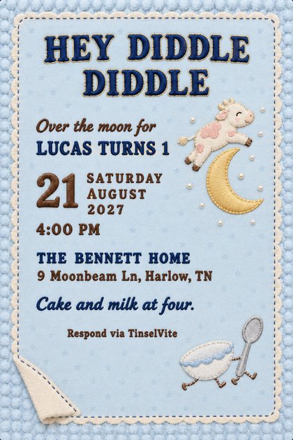 First birthday invitation on pale blue chenille with a cream scalloped binding, a stitched cow leaping over a gold moon, a bowl and spoon, and the title Hey Diddle Diddle.