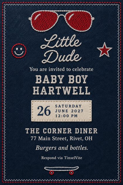 Navy denim card with red and white stitched border, red-lensed aviators, script 'Little Dude', BABY BOY HARTWELL, a cream date label, diner address and a skateboard.