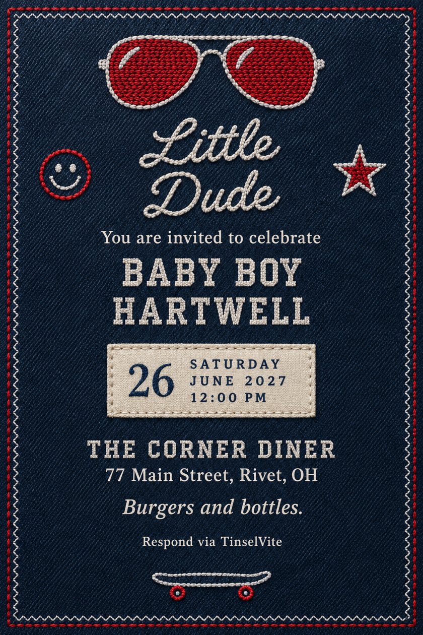 Navy denim card with red and white stitched border, red-lensed aviators, script 'Little Dude', BABY BOY HARTWELL, a cream date label, diner address and a skateboard.