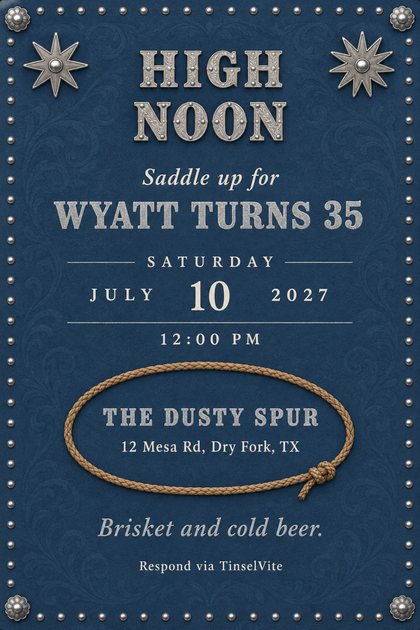 Western birthday invitation on blue suede with silver studs, two spur rowels, a braided rope lasso around the venue, and the large title High Noon, with the date below.