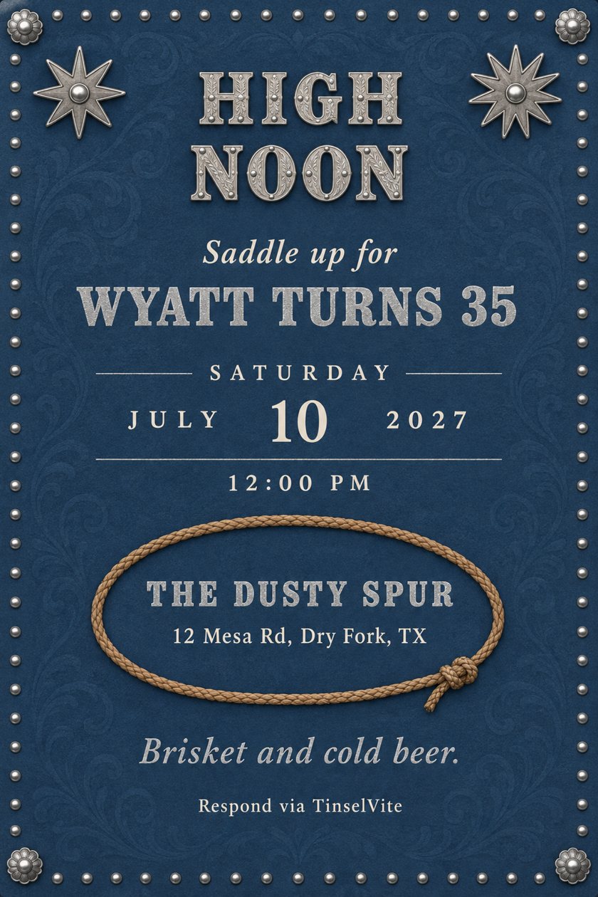 Western birthday invitation on blue suede with silver studs, two spur rowels, a braided rope lasso around the venue, and the large title High Noon, with the date below.