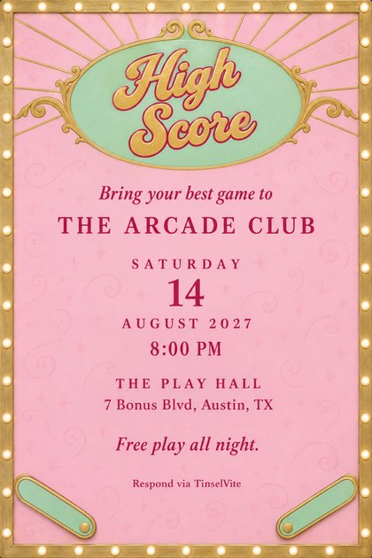 Game night invitation styled as a pinball backglass: pink glass, gold frame with marquee bulbs, mint oval with gold script High Score, mint flippers, date and venue below.