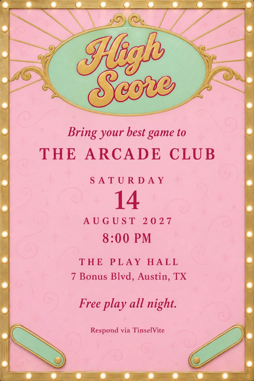 Game night invitation styled as a pinball backglass: pink glass, gold frame with marquee bulbs, mint oval with gold script High Score, mint flippers, date and venue below.