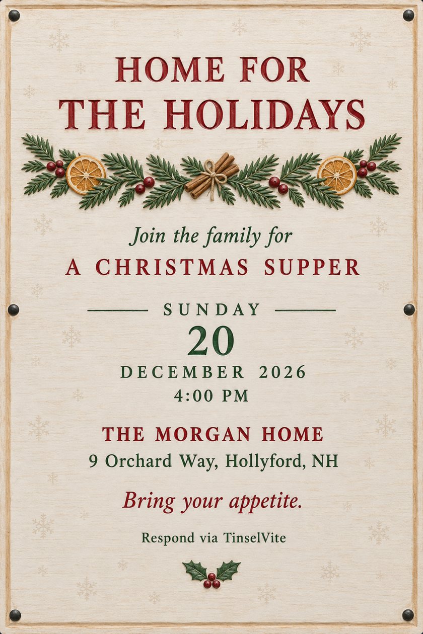 Holiday party invitation: Christmas supper invitation on a whitewashed pine board with a carved, painted garland of pine, orange slices and cinnamon, headed Home for the Holidays, with the date and venue below.