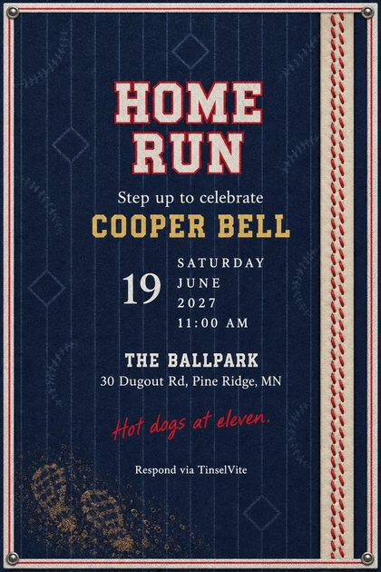 Navy pinstriped flannel card, white varsity lettering reading HOME RUN, a cream leather strip of red seams down the right edge, cleat prints in dirt at lower left, with the date and venue below.