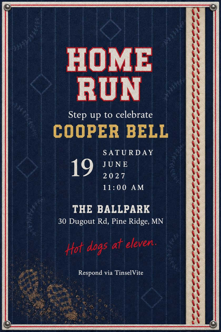 Birthday invitation: Navy pinstriped flannel card, white varsity lettering reading HOME RUN, a cream leather strip of red seams down the right edge, cleat prints in dirt at lower left, with the date and venue below.