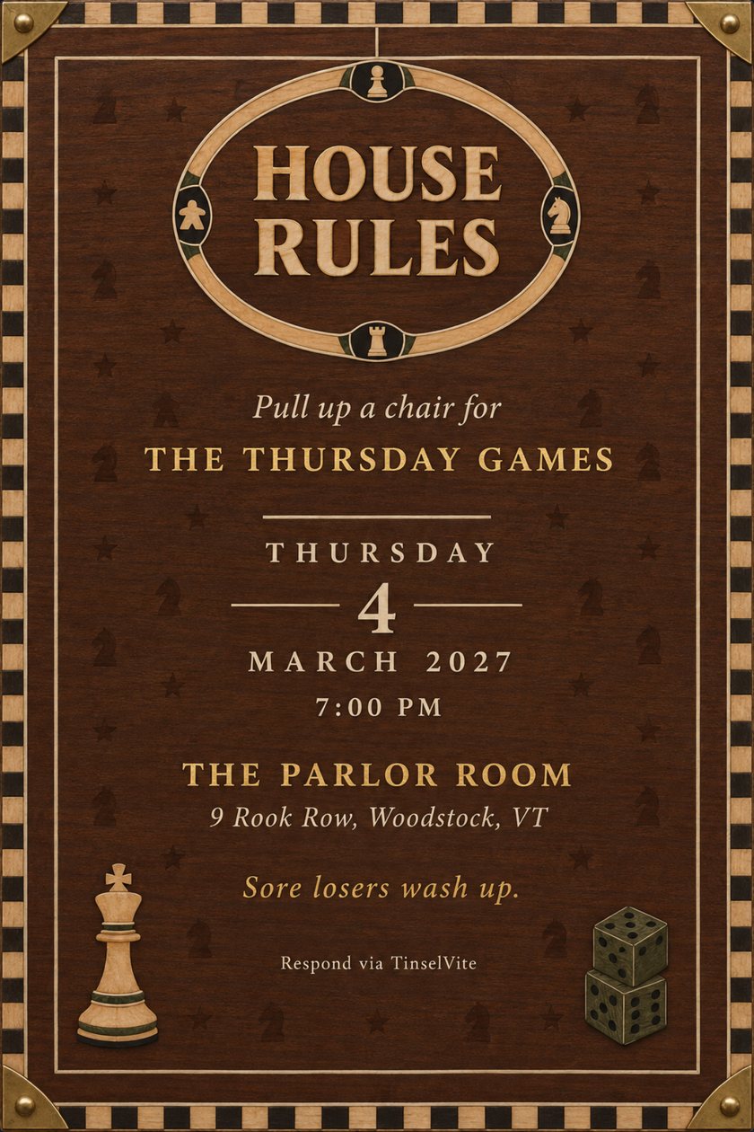 Game night invitation styled as a walnut games box lid, with an oval inlaid medallion reading House Rules, a chess king and dice, and the date and venue below.