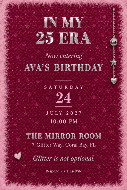 Birthday invitation on pink sequin cloth with pink feather trim, a silver chain of disco ball, star and heart charms, and silver foil title In My 25 Era, with the date and venue below.