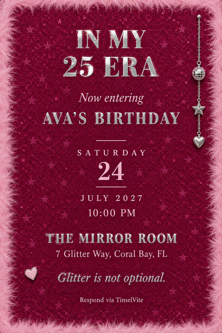 Birthday invitation on pink sequin cloth with pink feather trim, a silver chain of disco ball, star and heart charms, and silver foil title In My 25 Era, with the date and venue below.