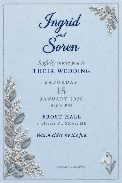 Winter wedding invitation on pale icy blue satin with silver stitched leaves and pearl berries climbing the left edge, a snowdrop, navy script names, date and venue below.