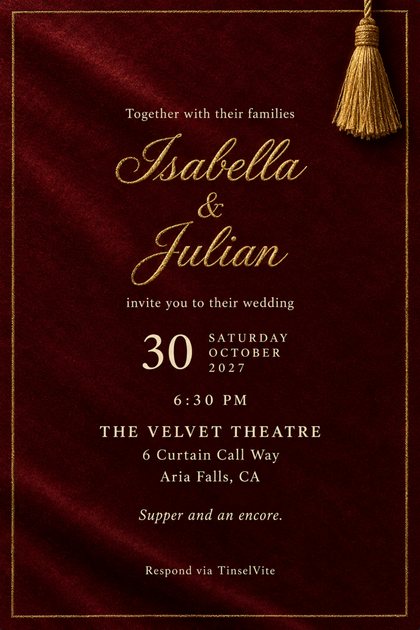 Deep red velvet wedding invitation with a gold tassel hanging at the top right and a thin gold border. The names Isabella and Julian are embroidered in gold script, with the date and venue below.