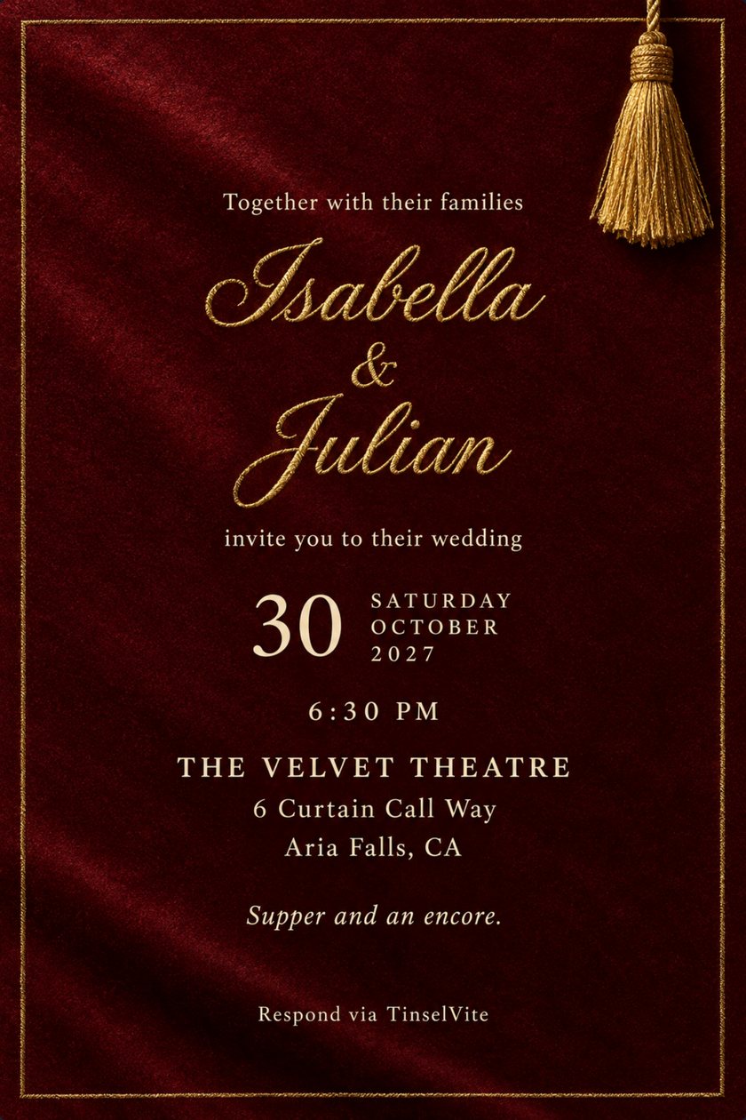 Deep red velvet wedding invitation with a gold tassel hanging at the top right and a thin gold border. The names Isabella and Julian are embroidered in gold script, with the date and venue below.