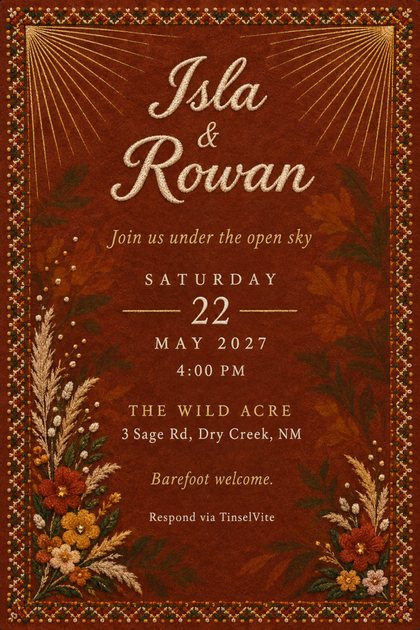 Boho engagement invitation in rust suede with a gold ray fan at each top corner, cream script names, stitched wildflowers and pampas, date and venue below.