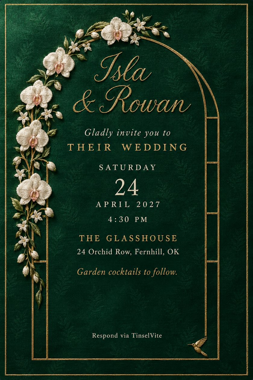 Wedding invitation on deep emerald silk with a gold glasshouse arch, embroidered white orchids up the left side, a tiny hummingbird and gold script names above the date and venue.