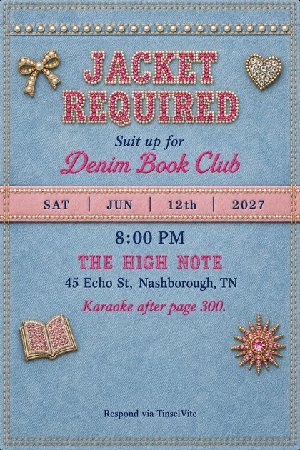Book club invitation on light blue denim with pink rhinestone lettering reading Jacket Required, a pink leather date strap, pearl brooches and an open book patch, with the date and venue below.