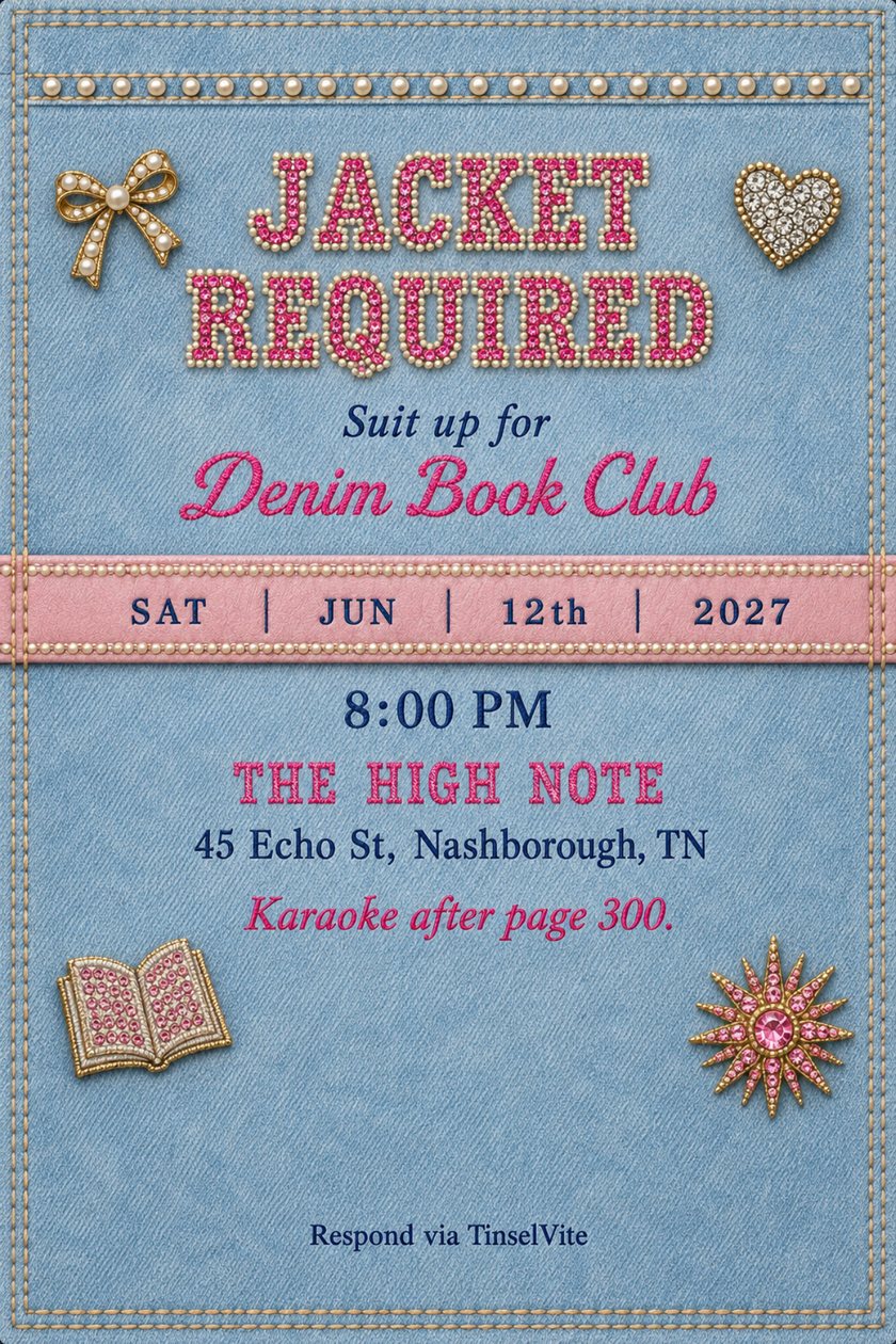 Book club invitation on light blue denim with pink rhinestone lettering reading Jacket Required, a pink leather date strap, pearl brooches and an open book patch, with the date and venue below.