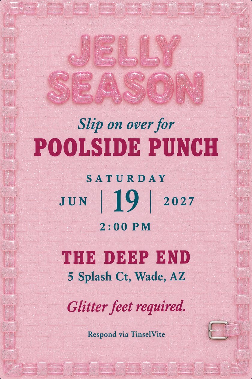 Just because invitation: Pool party invitation in pale pink jelly plastic with a woven sandal strap border, raised glossy JELLY SEASON lettering and a silver buckle, with the date and venue below.