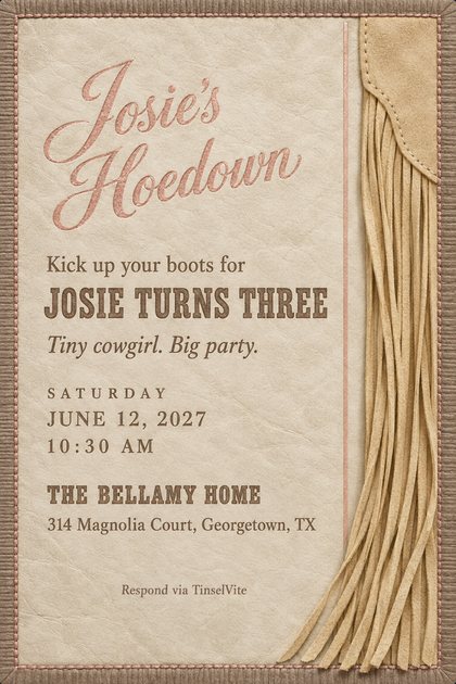 Bone leather card with a stitched taupe border and suede chaps fringe down the right side, foil-stamped with the date. Rose-gold script reads Josie's Hoedown above JOSIE TURNS THREE, with the venue below.