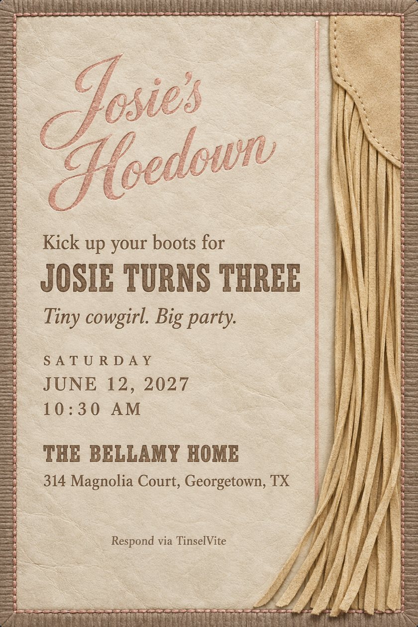 Birthday invitation: Bone leather card with a stitched taupe border and suede chaps fringe down the right side, foil-stamped with the date. Rose-gold script reads Josie's Hoedown above JOSIE TURNS THREE, with the venue below.