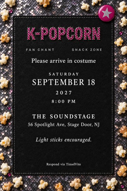 Charcoal sequin card edged with popcorn. A black felt panel stitched in silver reads K-POPCORN in magenta rhinestones, with FAN CHANT, SNACK ZONE and the date and venue below. Star badge, top right.