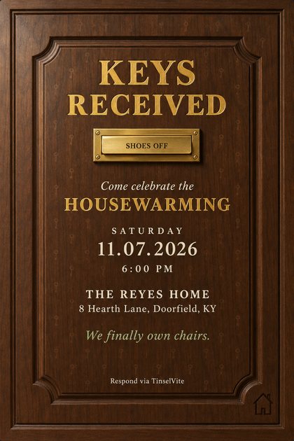 Housewarming invitation styled as a walnut front door with a raised panel, gold lettering reading Keys Received, a brass mail slot and the date and venue below.