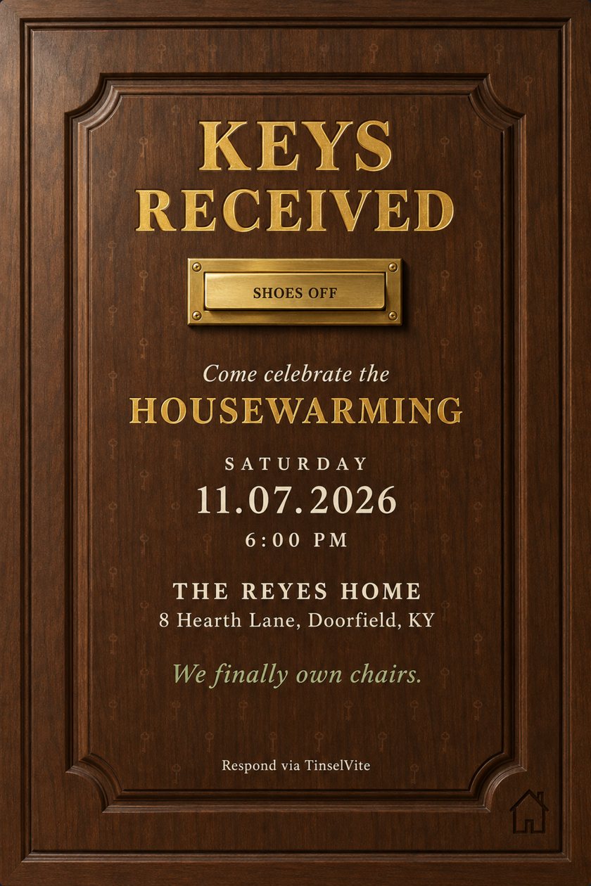 Housewarming invitation styled as a walnut front door with a raised panel, gold lettering reading Keys Received, a brass mail slot and the date and venue below.