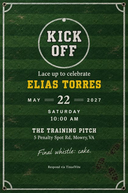 Invitation on mown green turf with white pitch lines, corner arcs and metal grommets. KICK OFF in white block capitals inside a center circle, a name in yellow below, date and venue beneath, cleat prints at lower right.
