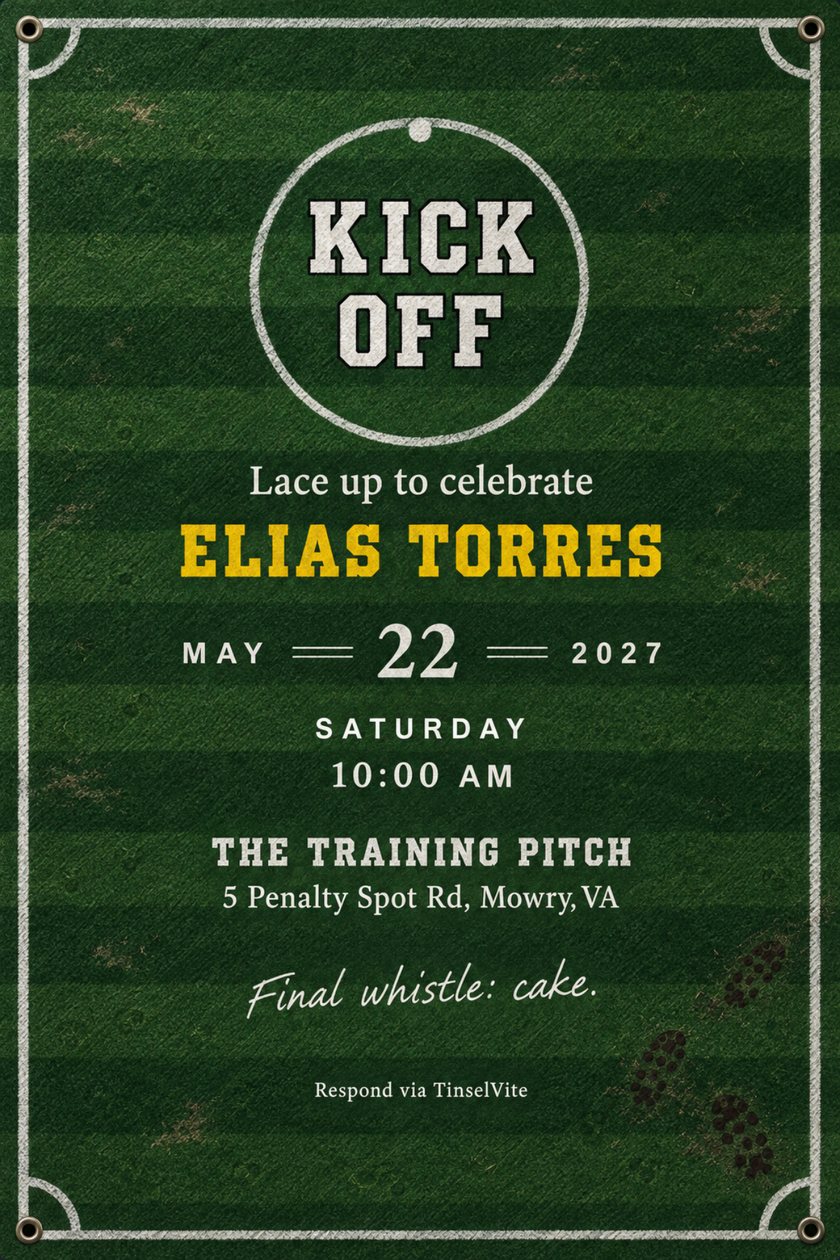 Birthday invitation: Invitation on mown green turf with white pitch lines, corner arcs and metal grommets. KICK OFF in white block capitals inside a center circle, a name in yellow below, date and venue beneath, cleat prints at lower right.