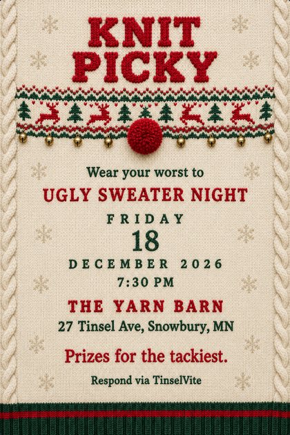 Ugly sweater party invitation on cream cable-knit wool with a Fair Isle band of red reindeer and green trees, jingle bells, a red pompom, and the title Knit Picky, date and venue below.