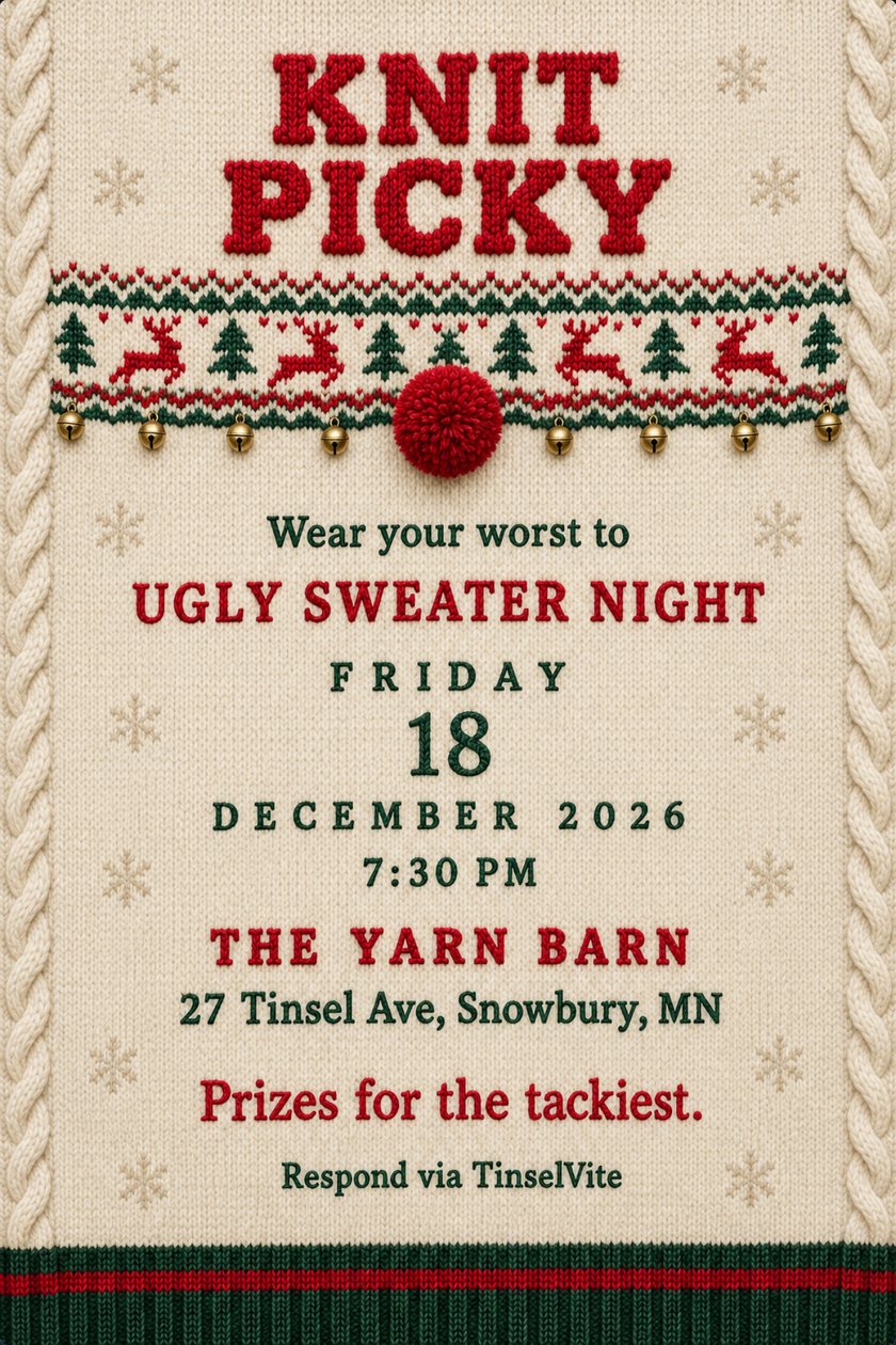 Holiday party invitation: Ugly sweater party invitation on cream cable-knit wool with a Fair Isle band of red reindeer and green trees, jingle bells, a red pompom, and the title Knit Picky, date and venue below.