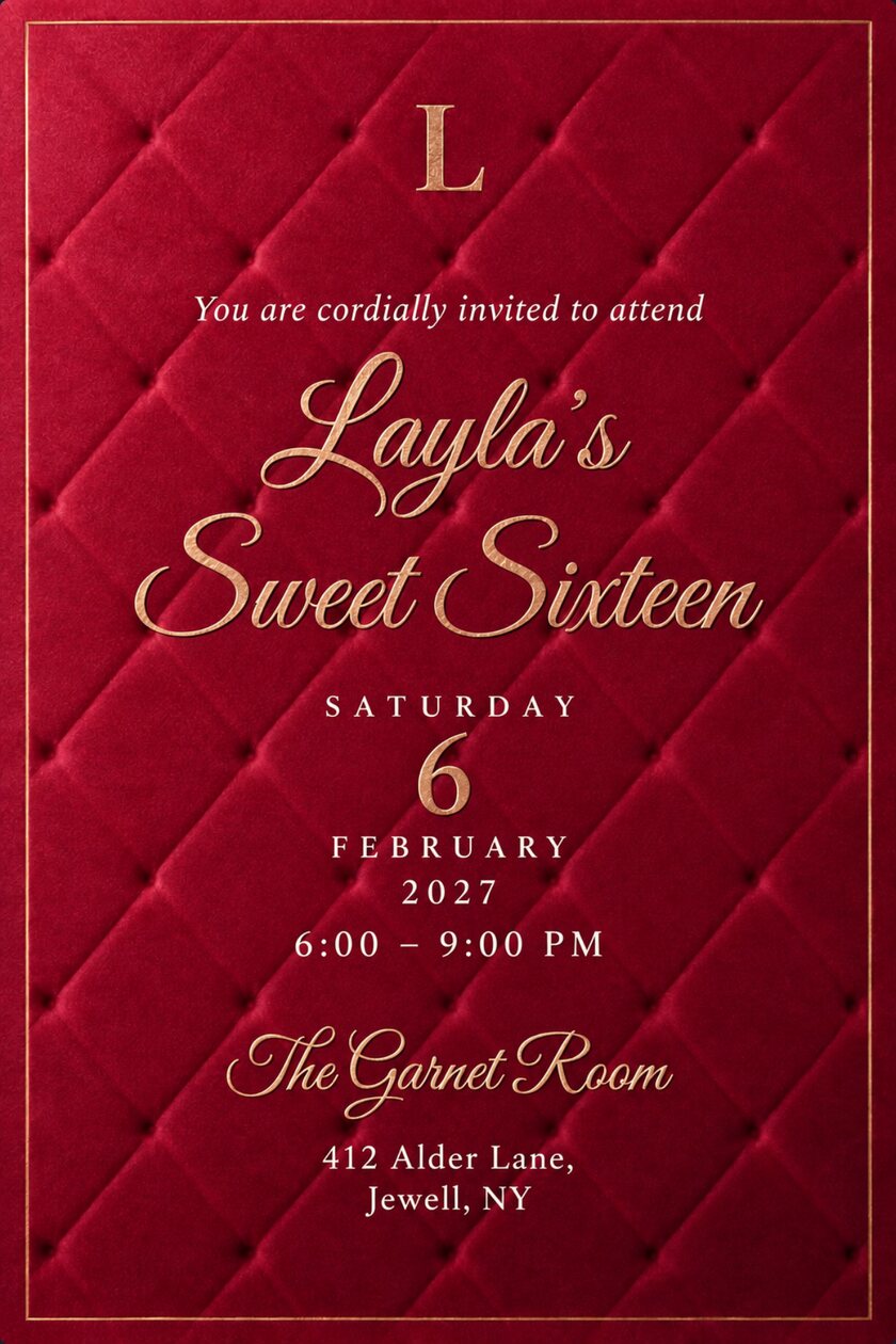 Birthday invitation: Deep raspberry tufted velvet card with a diamond pleat grid, a rose-gold serif L at the top and a thin gold border. Script reads Layla's Sweet Sixteen, with the date and venue below.