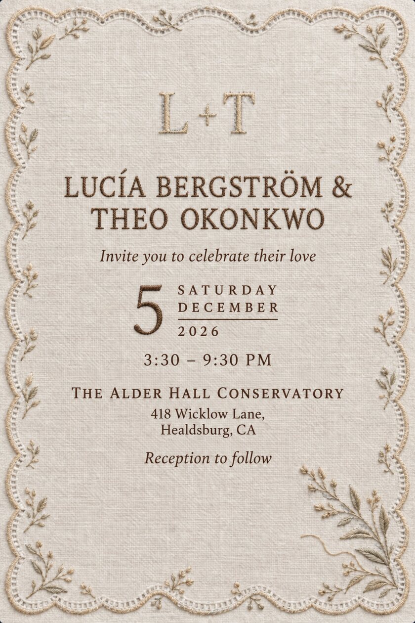 Wedding invitation: Warm white linen card with a scalloped lace border of small embroidered sprigs, a larger spray at the bottom right, and champagne stitched serif capitals reading L + T near the top.