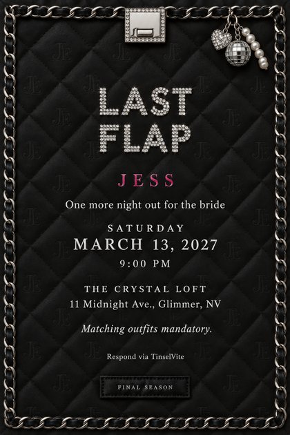 Black quilted leather card framed by a silver chain woven with leather, a crystal clasp and charms of heart, disco ball and pearls at the top. Rhinestone capitals read LAST FLAP, JESS in pink, details below.