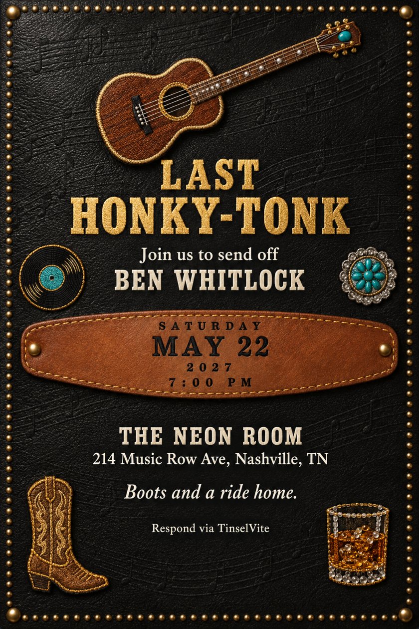 Bachelor party invitation: Black leather card, gold nailhead border. Embroidered guitar, vinyl record, turquoise concho, cowboy boot and whiskey glass around gold capitals reading LAST HONKY-TONK, date and venue below.