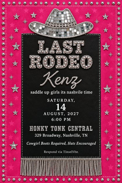 Bachelorette party invitation: hot pink studded border with silver stars, a mirrored disco cowboy hat above a black leather panel reading Last Rodeo, silver fringe below.