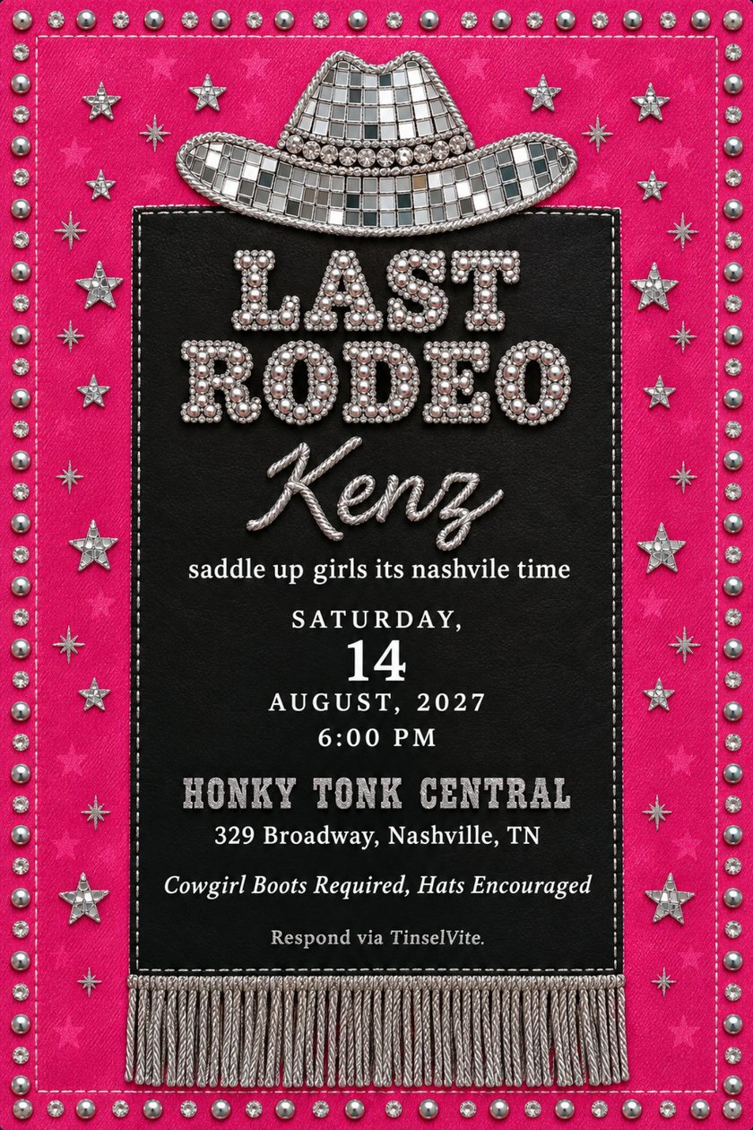 Bachelorette party invitation: hot pink studded border with silver stars, a mirrored disco cowboy hat above a black leather panel reading Last Rodeo, silver fringe below.
