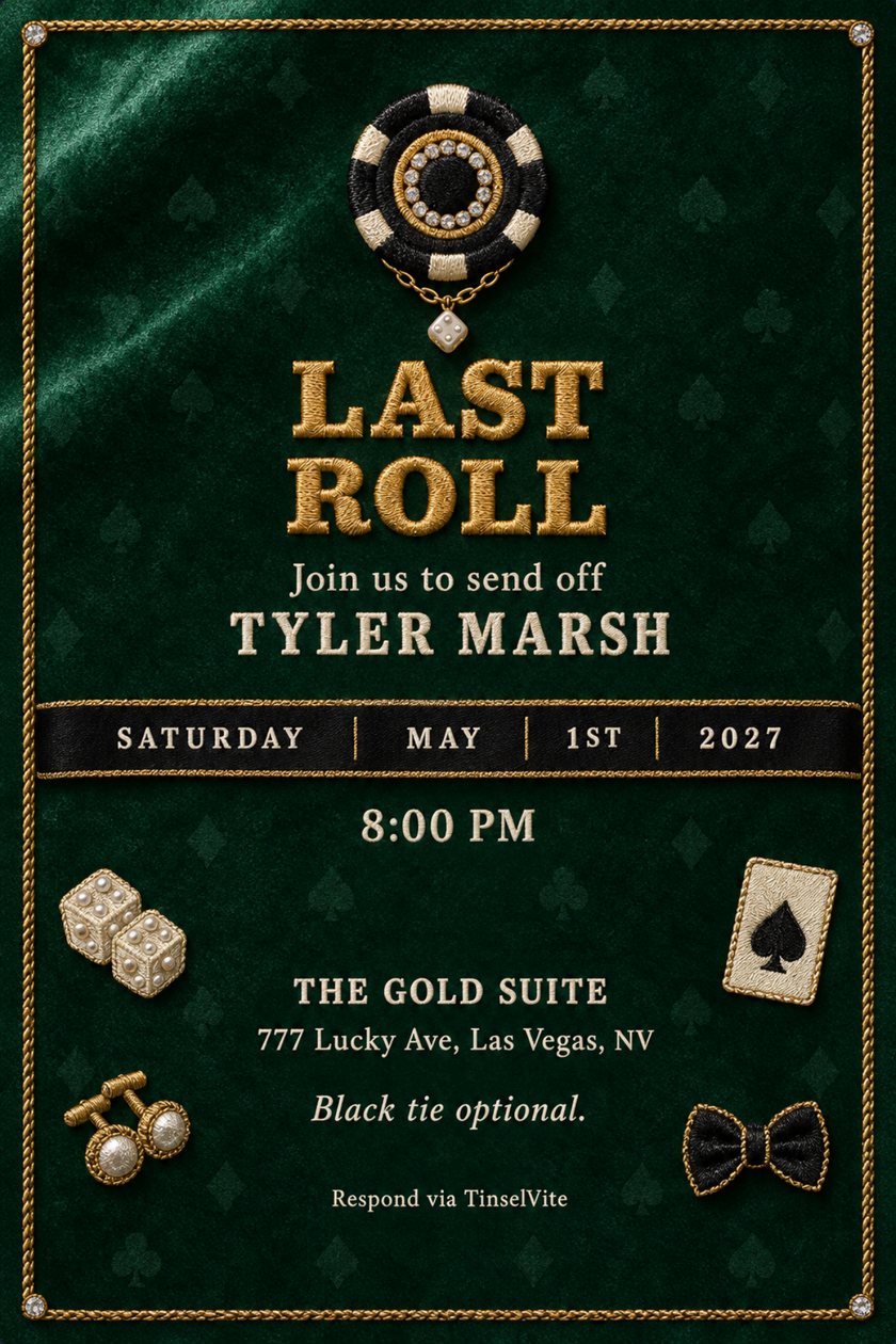 Bachelor party invitation: Emerald velvet card with a gold rope border, a black and cream embroidered casino chip at the top, gold LAST ROLL, pearl dice, a spade card, cufflinks, a bow tie, and the date and venue.
