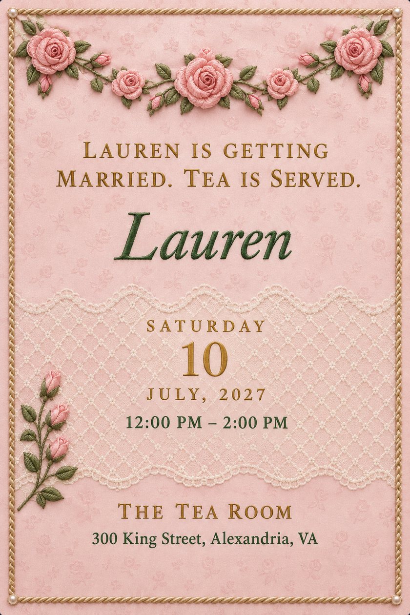 Pink bridal shower invitation with a garland of embroidered roses, a cream lace band, a gold rope border and the headline Lauren is getting married. Tea is served.