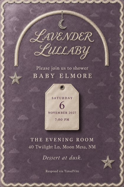 Dusty purple velvet card, scalloped ivory border, embroidered arch with a silver crescent on a chain. Script reads LAVENDER LULLABY, BABY ELMORE, and a cream stitched tag shows the date.